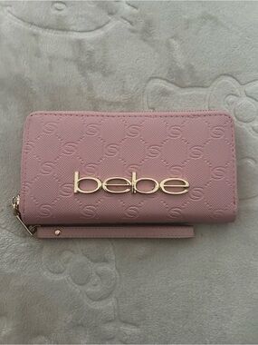bebe Blush Pink Zip-Around Wristlet Wallet with Gold Logo